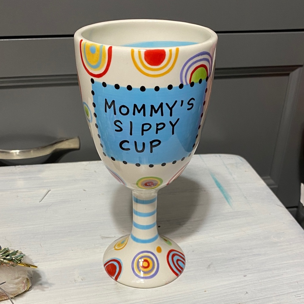 Our Name Is Mud womans hand painted Lorrie Veasey ceramic wine & water Goblet
